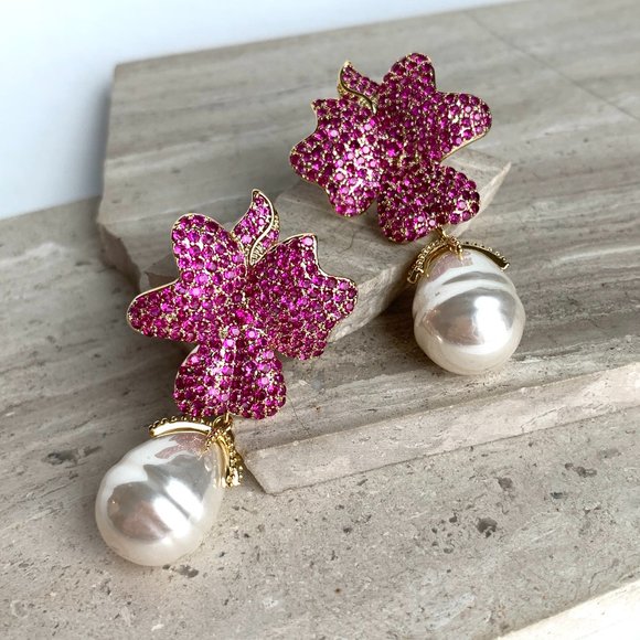 NEW ~ Anthropologie Made by Maddie Pink Travona Floral Pave Crystal & Pearl E… - Picture 5 of 16